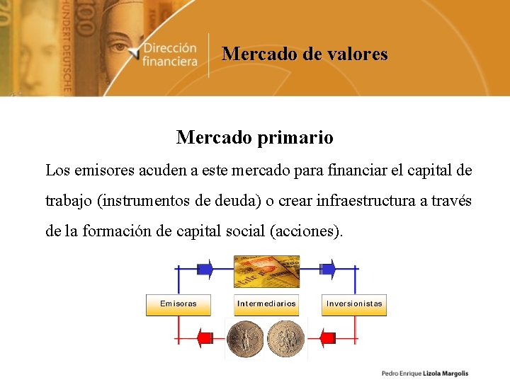 Mercado de valores Mercado primario Los emisores acuden a este mercado para financiar el