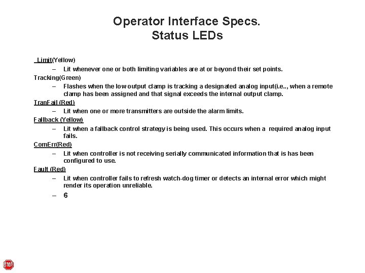 Operator Interface Specs. Status LEDs Limit(Yellow) – Lit whenever one or both limiting variables