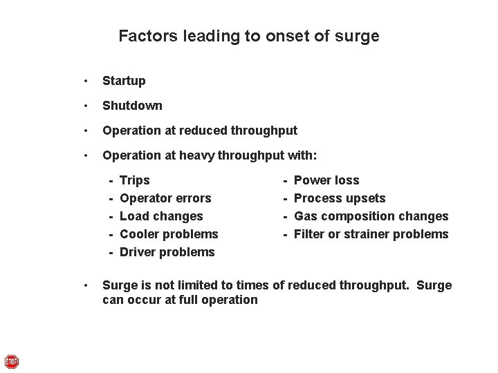 Factors leading to onset of surge • Startup • Shutdown • Operation at reduced