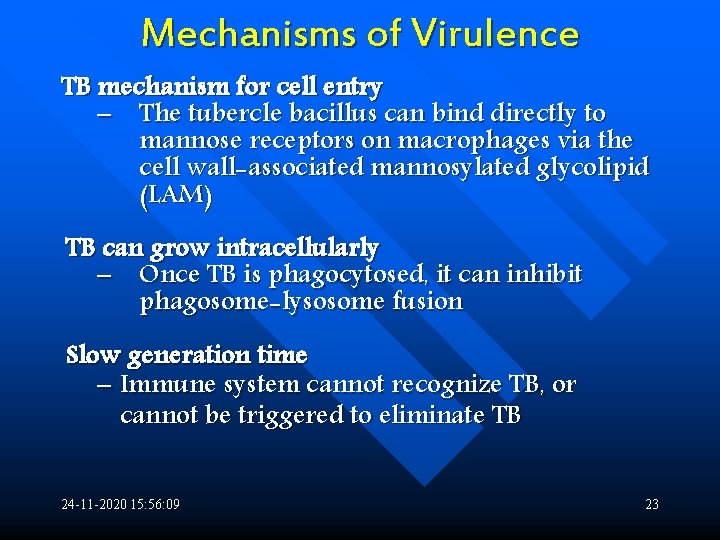 Mechanisms of Virulence TB mechanism for cell entry – The tubercle bacillus can bind