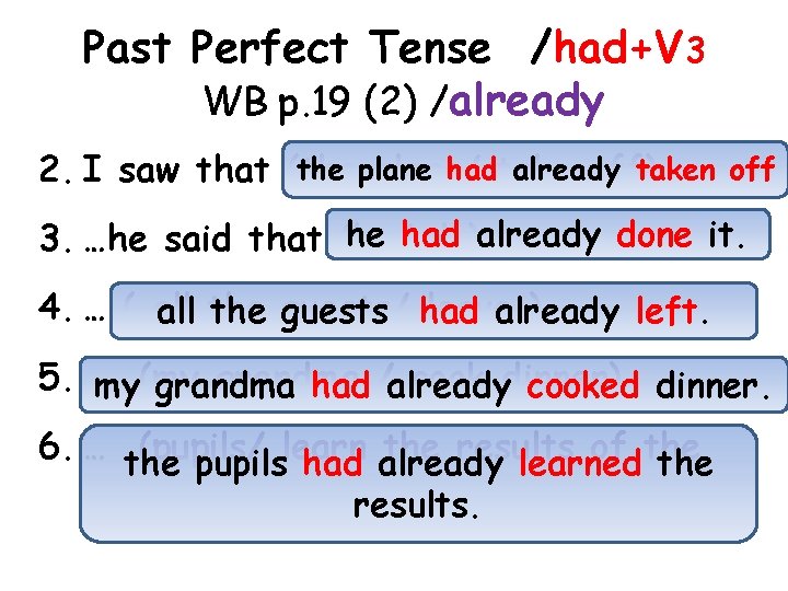 Past Perfect Tense /had+V 3 WB p. 19 (2) /already the plane hadtake already