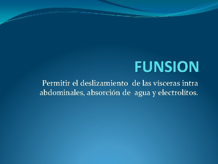 FUNSION Permitir el deslizamiento de las vísceras intra abdominales, absorción de agua y electrolítos.