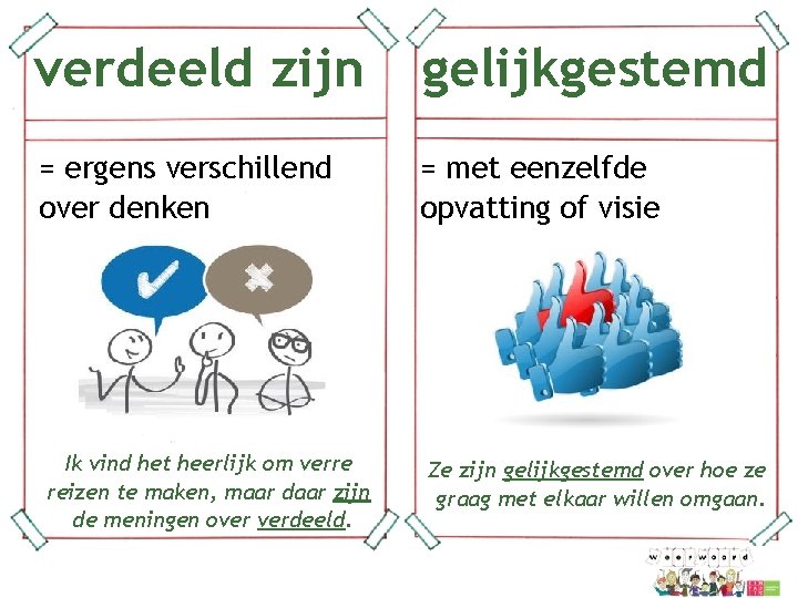 verdeeld zijn gelijkgestemd = ergens verschillend over denken = met eenzelfde opvatting of visie