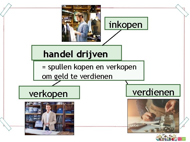 inkopen handel drijven = spullen kopen en verkopen om geld te verdienen verkopen verdienen