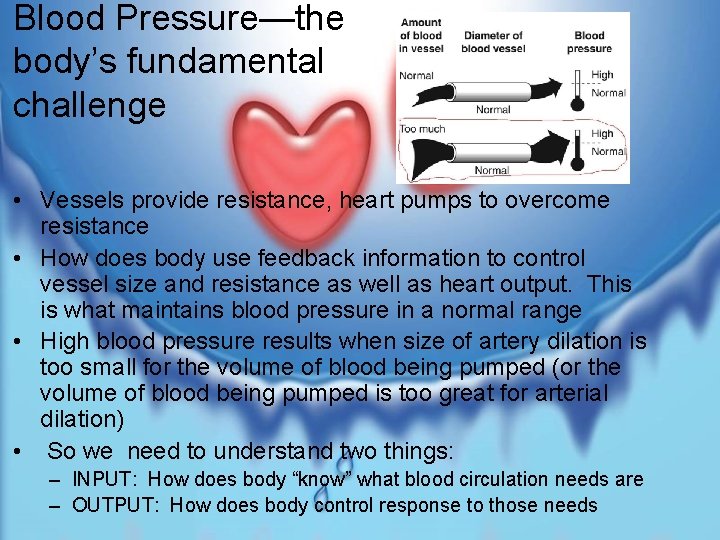 Blood Pressure—the body’s fundamental challenge • Vessels provide resistance, heart pumps to overcome resistance