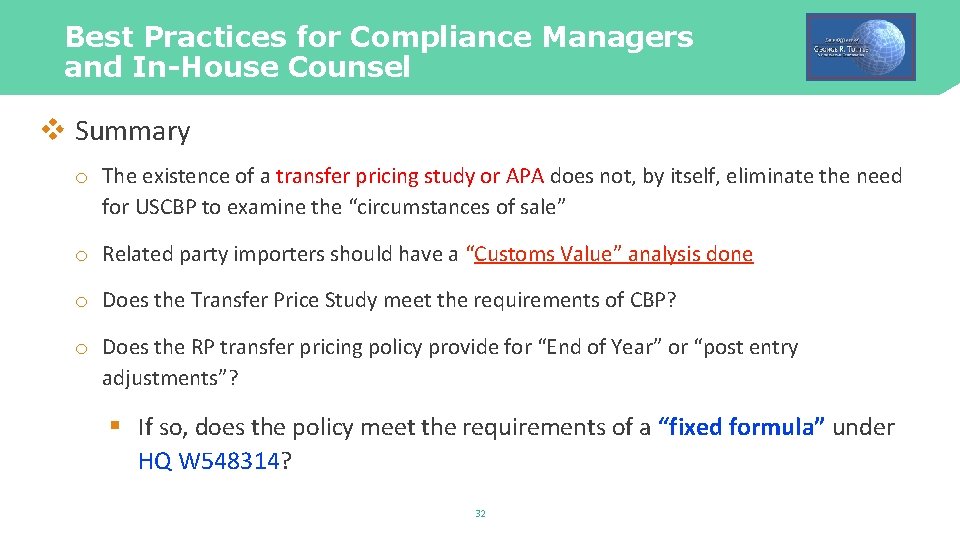 Best Practices for Compliance Managers and In-House Counsel v Summary o The existence of
