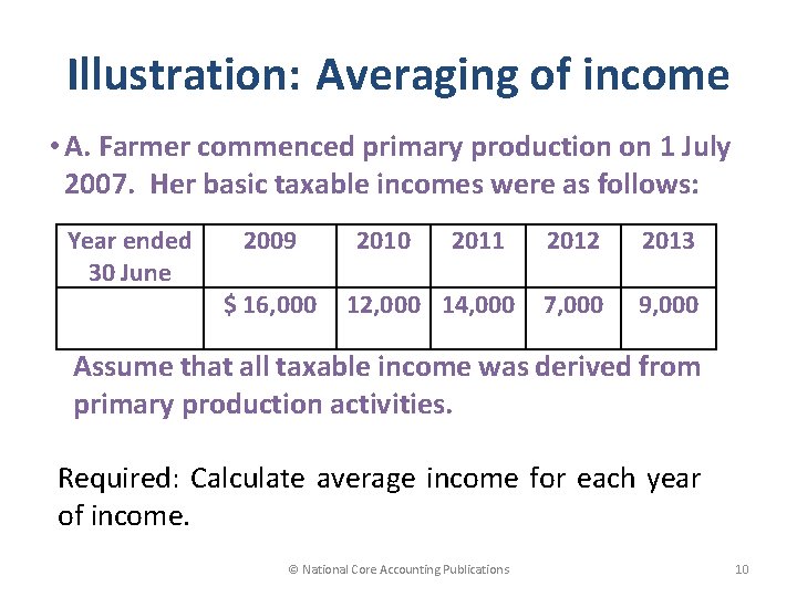 Illustration: Averaging of income • A. Farmer commenced primary production on 1 July 2007.