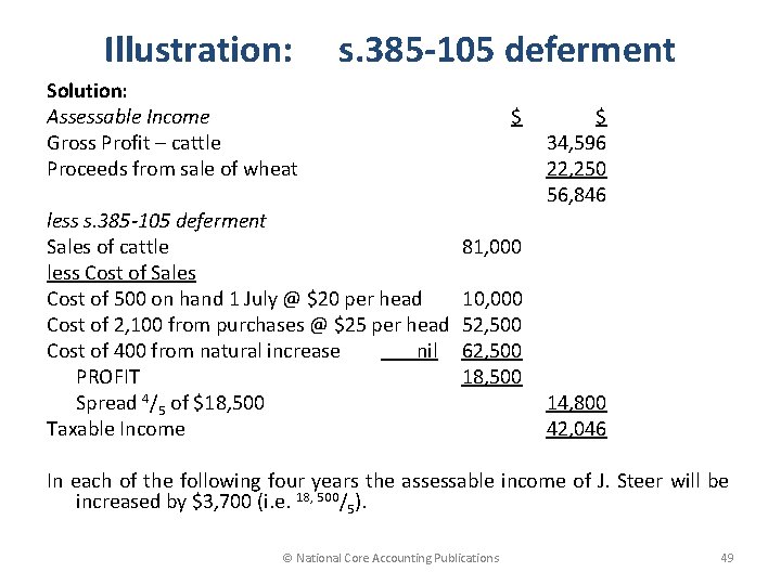 Illustration: s. 385 -105 deferment Solution: Assessable Income Gross Profit – cattle Proceeds from