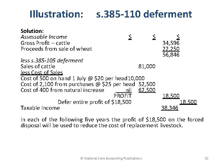 Illustration: Solution: Assessable Income Gross Profit – cattle Proceeds from sale of wheat s.