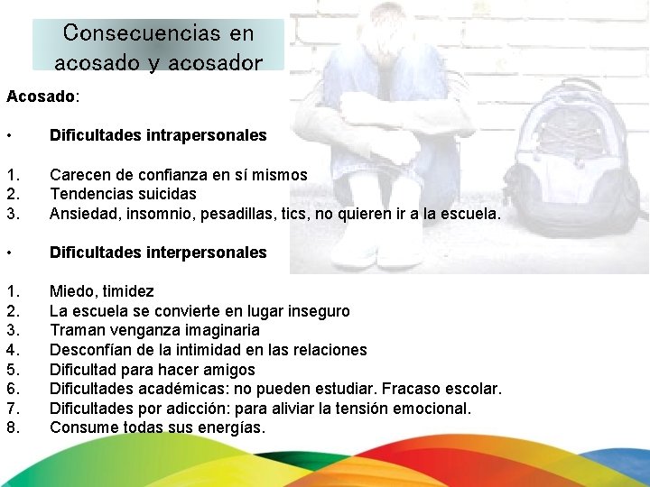 Consecuencias en acosado y acosador Acosado: • Dificultades intrapersonales 1. 2. 3. Carecen de