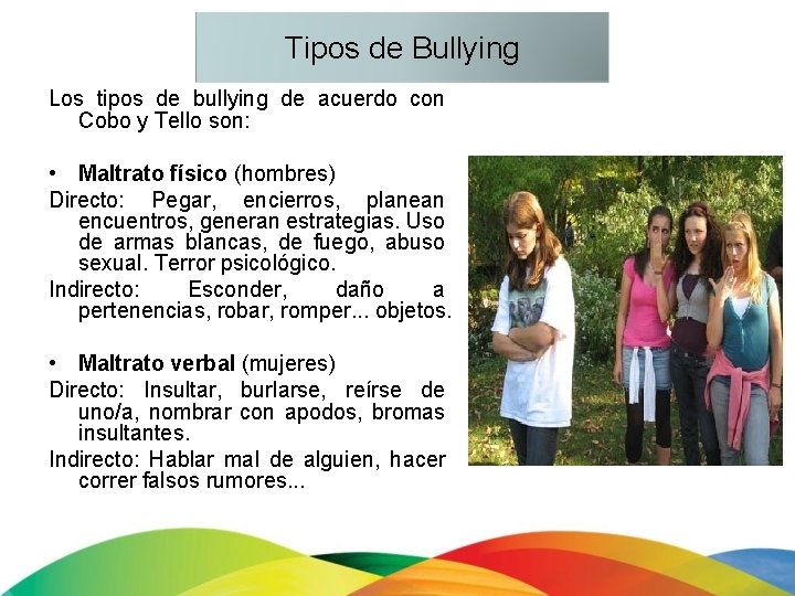 Tipos de Bullying Los tipos de bullying de acuerdo con Cobo y Tello son: