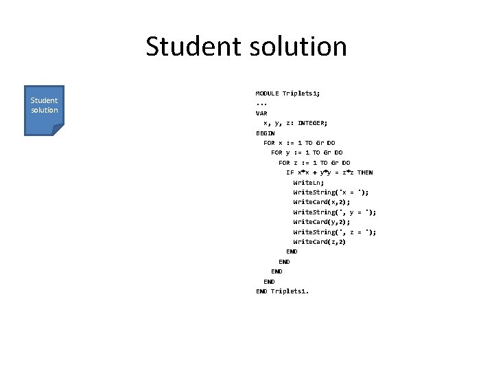 Student solution MODULE Triplets 1; . . . VAR x, y, z: INTEGER; BEGIN