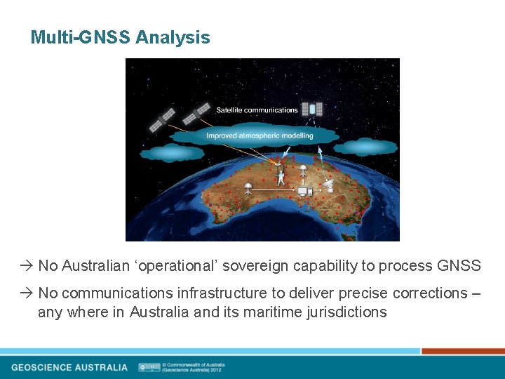 Multi-GNSS Analysis No Australian ‘operational’ sovereign capability to process GNSS No communications infrastructure to