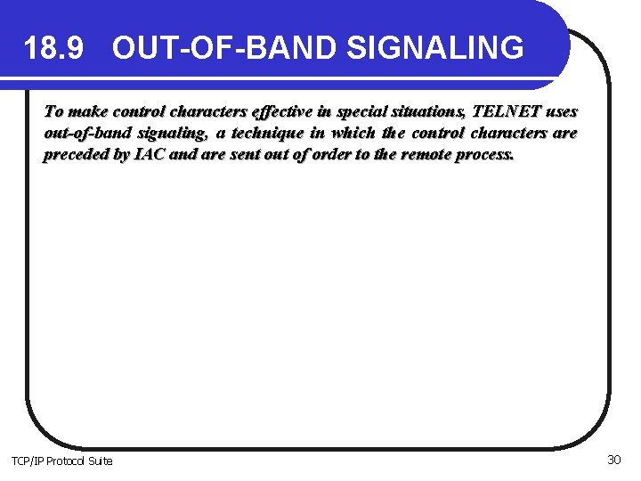 18. 9 OUT-OF-BAND SIGNALING To make control characters effective in special situations, TELNET uses