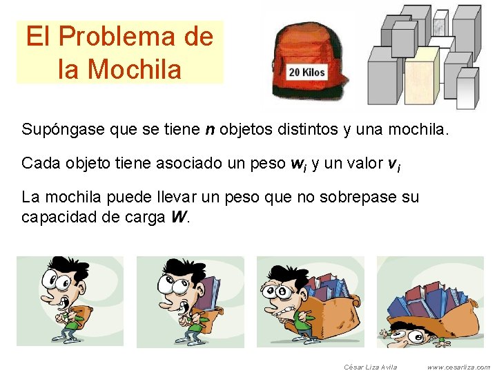 El Problema de la Mochila Supóngase que se tiene n objetos distintos y una
