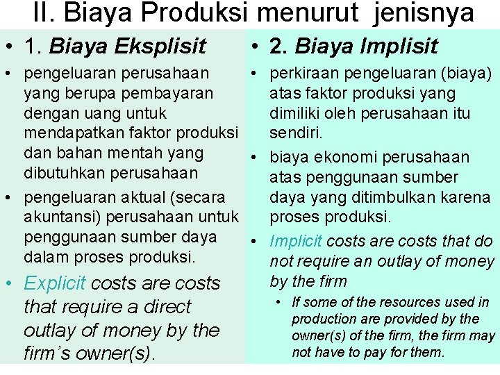 II. Biaya Produksi menurut jenisnya • 1. Biaya Eksplisit • 2. Biaya Implisit •