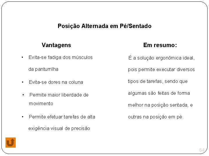 Posição Alternada em Pé/Sentado Vantagens • Em resumo: Evita-se fadiga dos músculos É a