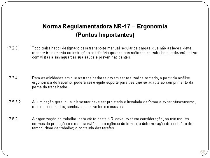 Norma Regulamentadora NR-17 – Ergonomia (Pontos Importantes) 17. 2. 3 Todo trabalhador designado para