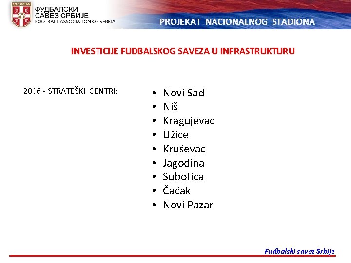 PROJEKAT NACIONALNOG STADIONA INVESTICIJE FUDBALSKOG SAVEZA U INFRASTRUKTURU 2006 - STRATEŠKI CENTRI: • •