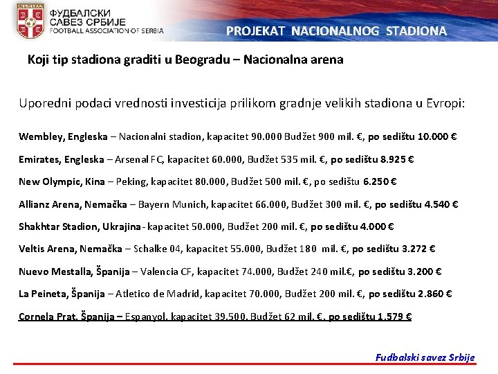 PROJEKAT NACIONALNOG STADIONA Koji tip stadiona graditi u Beogradu – Nacionalna arena Uporedni podaci