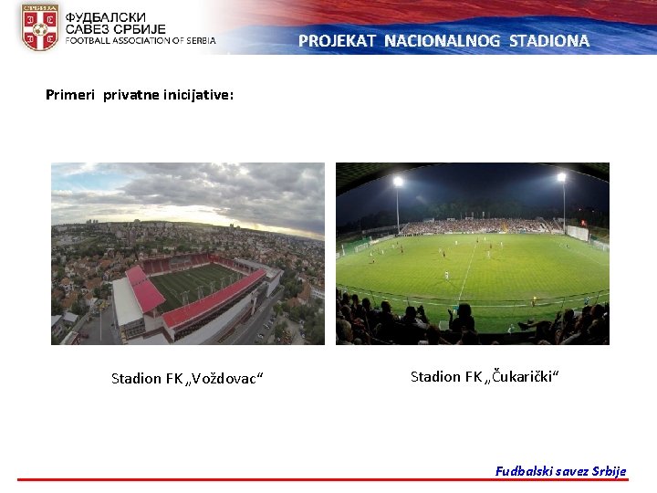 PROJEKAT NACIONALNOG STADIONA Primeri privatne inicijative: Stadion FK „Voždovac“ Stadion FK „Čukarički“ Fudbalski savez