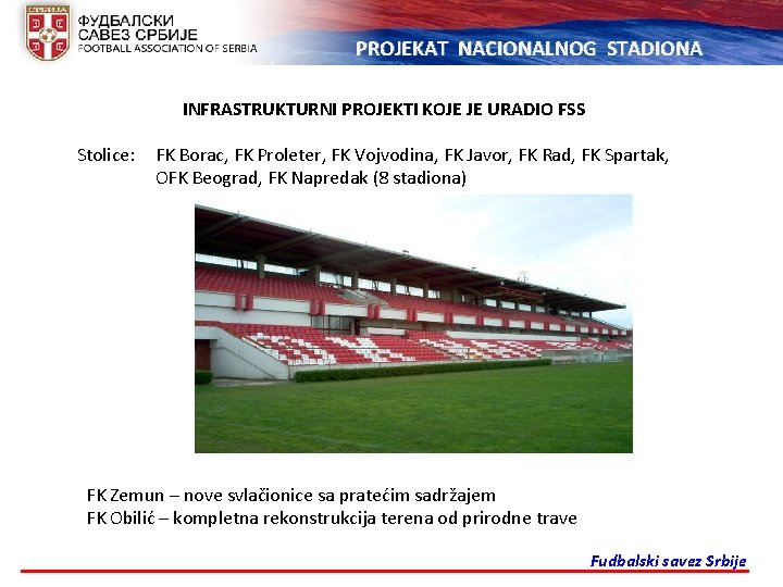 PROJEKAT NACIONALNOG STADIONA INFRASTRUKTURNI PROJEKTI KOJE JE URADIO FSS Stolice: FK Borac, FK Proleter,