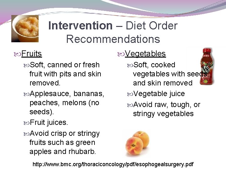 Intervention – Diet Order Recommendations Fruits Soft, canned or fresh fruit with pits and