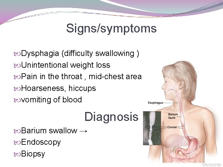 Signs/symptoms Dysphagia (difficulty swallowing ) Unintentional weight loss Pain in the throat , mid-chest