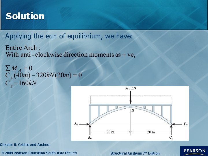 Solution • Applying the eqn of equilibrium, we have: Chapter 5: Cables and Arches