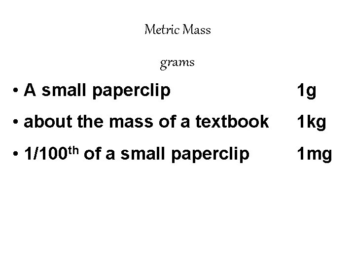Metric Mass grams • A small paperclip 1 g • about the mass of