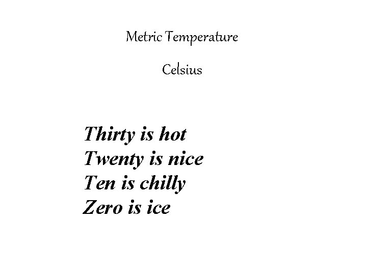 Metric Temperature Celsius Thirty is hot Twenty is nice Ten is chilly Zero is