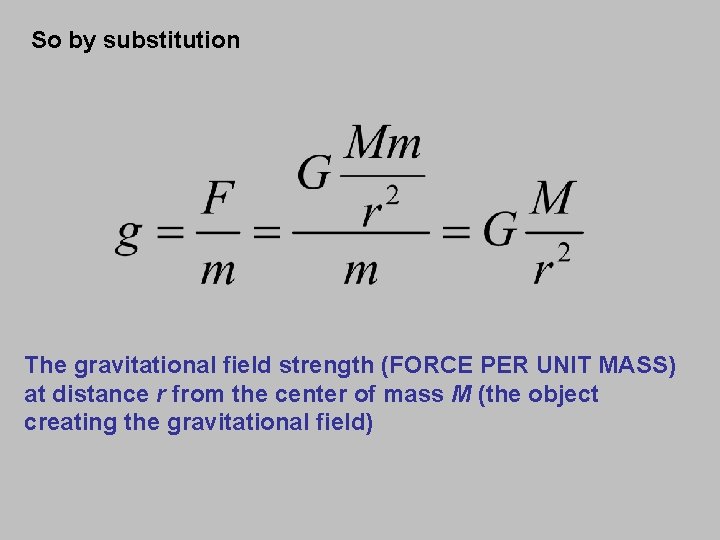 So by substitution The gravitational field strength (FORCE PER UNIT MASS) at distance r