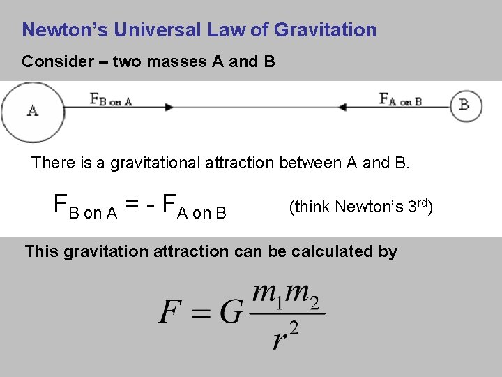 Newton’s Universal Law of Gravitation Consider – two masses A and B There is