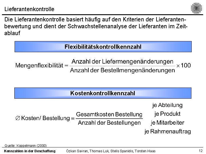 Lieferantenkontrolle Die Lieferantenkontrolle basiert häufig auf den Kriterien der Lieferantenbewertung und dient der Schwachstellenanalyse