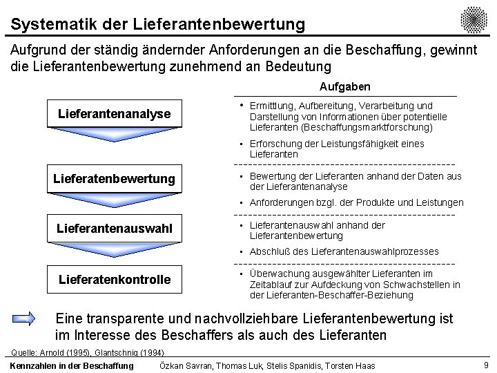 Systematik der Lieferantenbewertung Aufgrund der ständig änder Anforderungen an die Beschaffung, gewinnt die Lieferantenbewertung