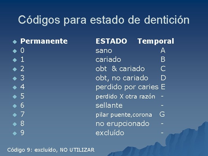 Códigos para estado de dentición u u u Permanente 0 1 2 3 4