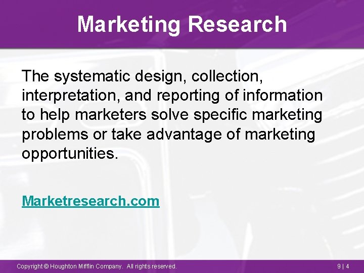 Marketing Research The systematic design, collection, interpretation, and reporting of information to help marketers