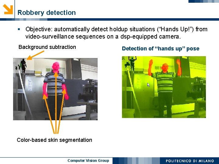 Robbery detection § Objective: automatically detect holdup situations (“Hands Up!”) from video-surveillance sequences on