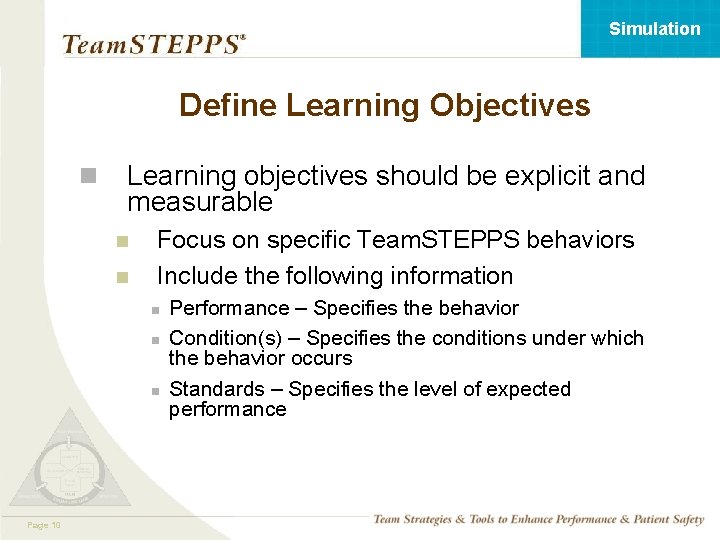 Simulation Define Learning Objectives n Learning objectives should be explicit and measurable n n