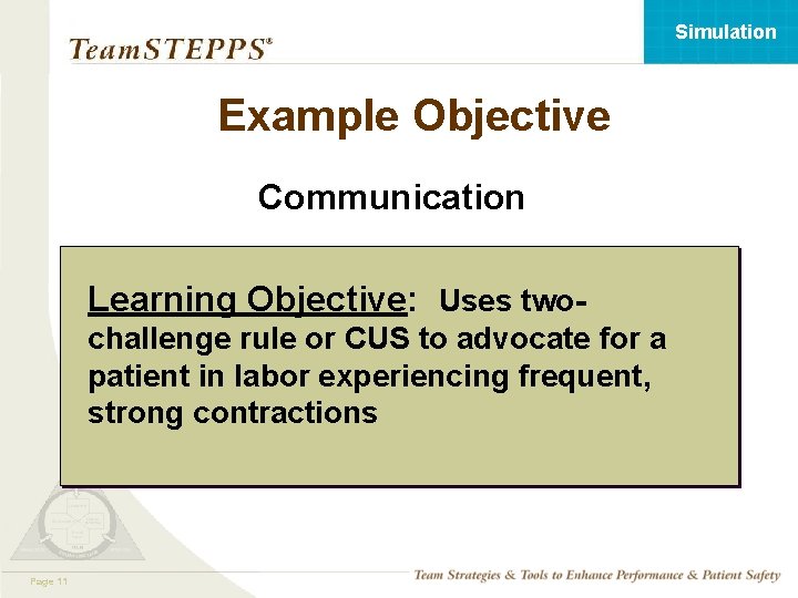 Simulation Example Objective Communication Learning Objective: Uses twochallenge rule or CUS to advocate for