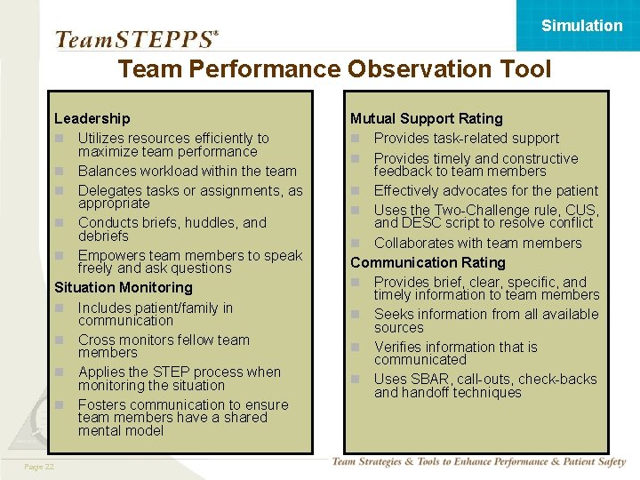 Simulation Team Performance Observation Tool Leadership n Utilizes resources efficiently to maximize team performance