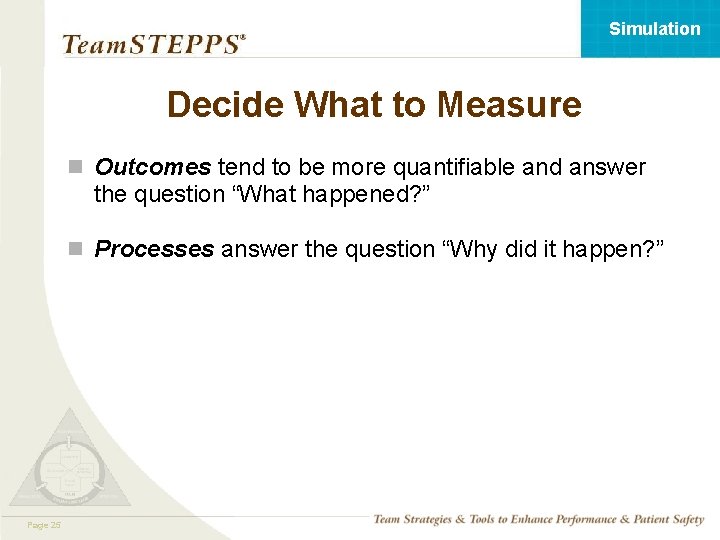 Simulation Decide What to Measure n Outcomes tend to be more quantifiable and answer
