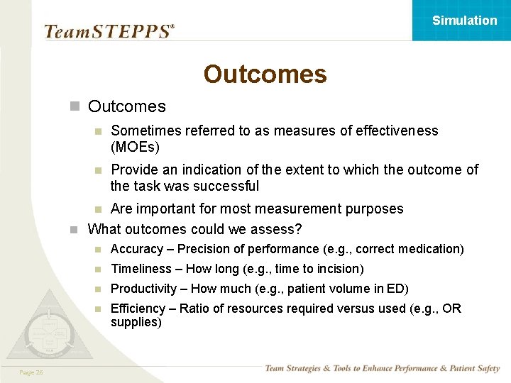Simulation Outcomes n Sometimes referred to as measures of effectiveness (MOEs) n Provide an