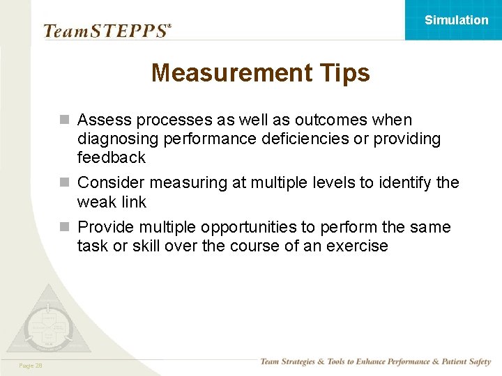 Simulation Measurement Tips n Assess processes as well as outcomes when diagnosing performance deficiencies