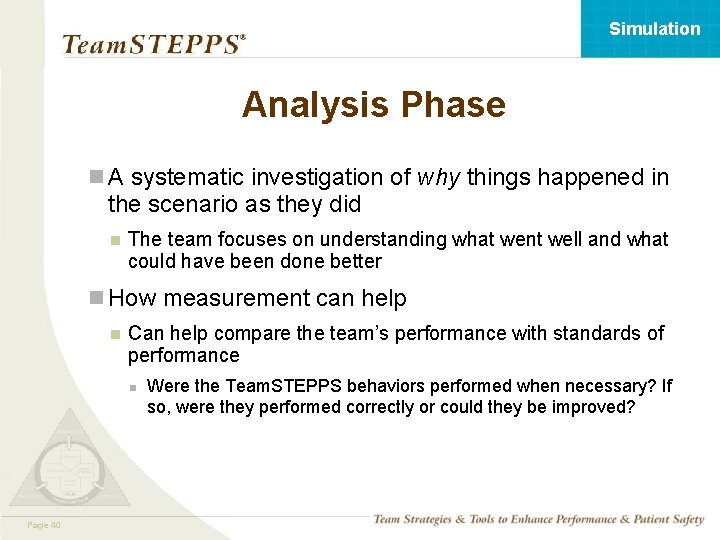 Simulation Analysis Phase n A systematic investigation of why things happened in the scenario