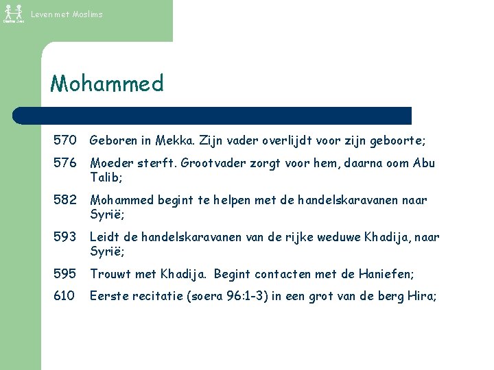 Leven met Moslims Mohammed 570 Geboren in Mekka. Zijn vader overlijdt voor zijn geboorte;