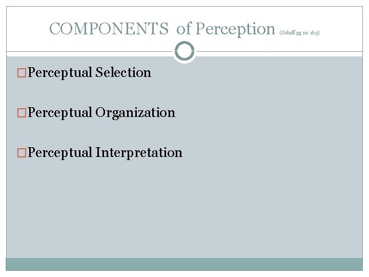 COMPONENTS of Perception �Perceptual Selection �Perceptual Organization �Perceptual Interpretation (Schiff pg no 165) 