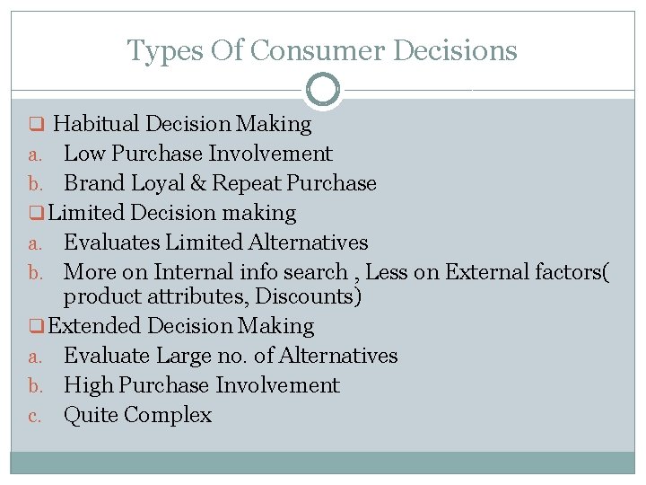 Types Of Consumer Decisions q Habitual Decision Making Low Purchase Involvement b. Brand Loyal