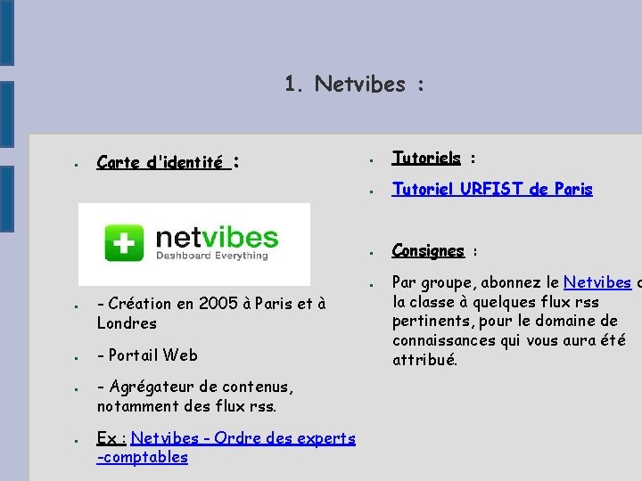 1. Netvibes : ● Carte d'identité : ● Tutoriels : ● Tutoriel URFIST de