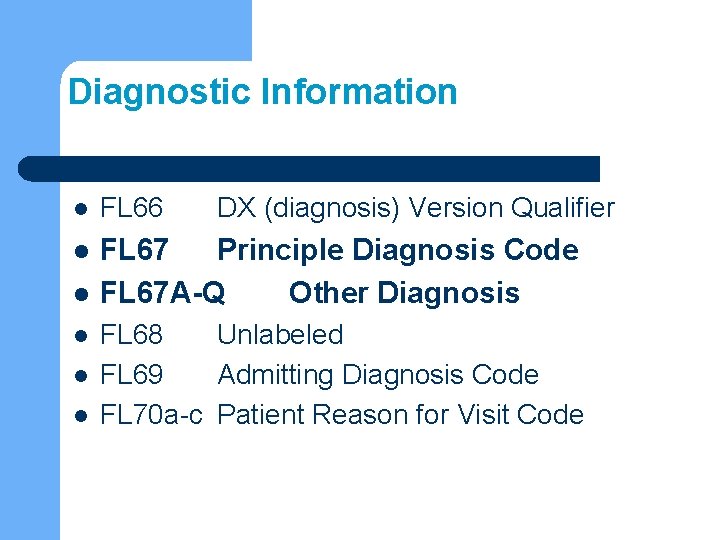 Diagnostic Information l FL 66 l FL 67 Principle Diagnosis Code FL 67 A-Q
